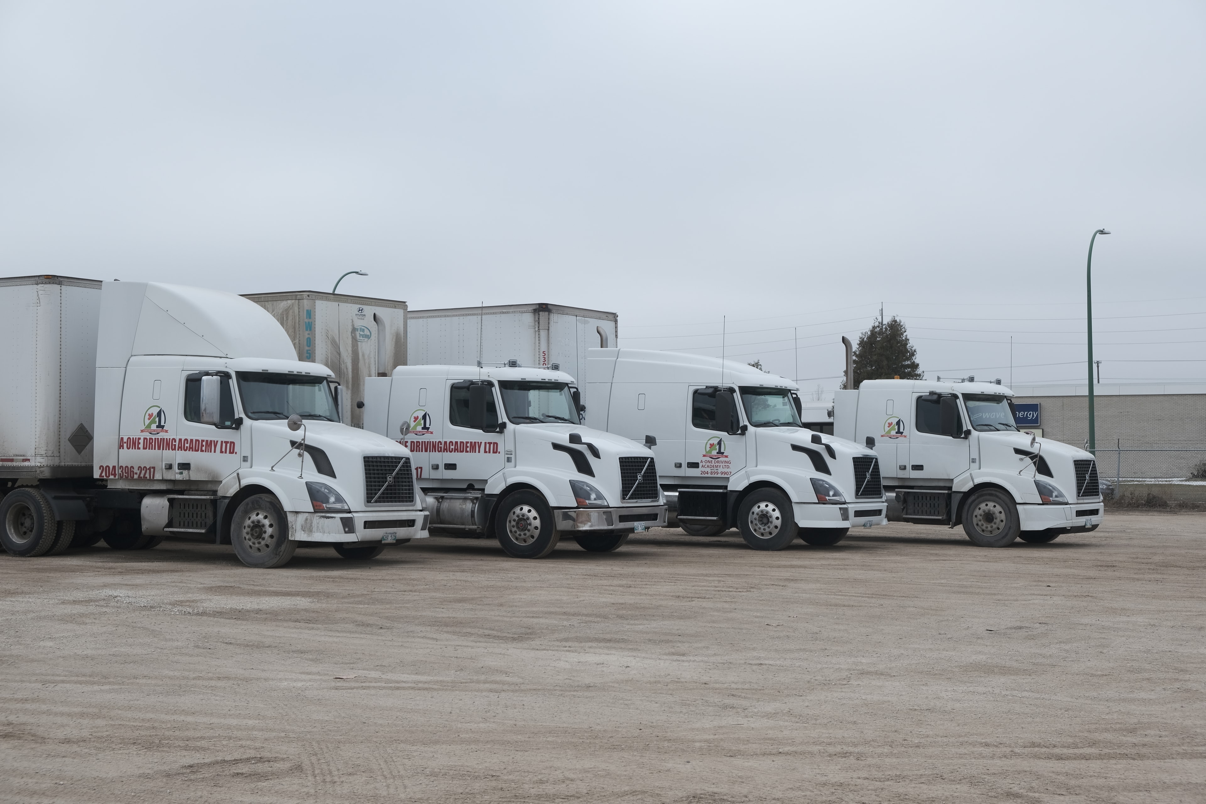 A-One Driving Academy branded commercial trucks parked in a row